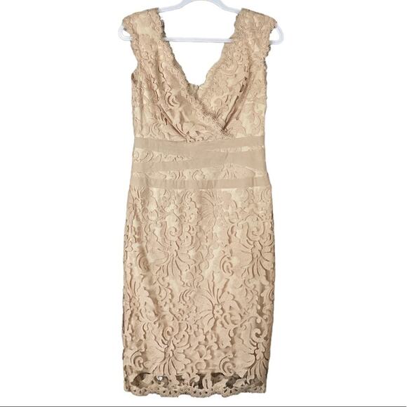 Tadashi Shoji Primrose Embroidered Lace Sheath Cocktail Dress Ivory Nude Size 6 - Picture 1 of 15